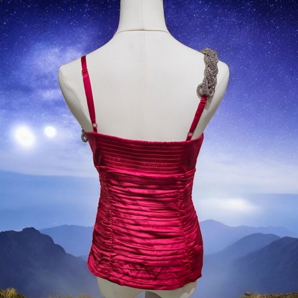 Bebe ✦ Red Satin One-Shoulder Top ✦ Braided Beaded Strap Ruched Bodice M EUC - Picture 6 of 16